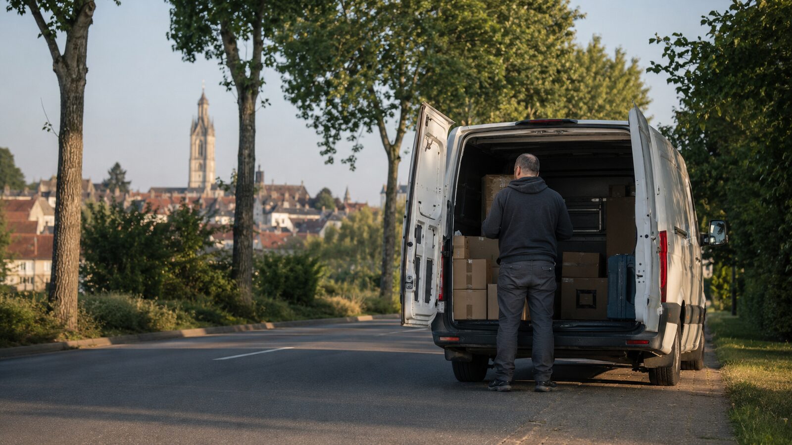 Chauffeur laadt pakketten in een bestelwagen op een Belgische baan