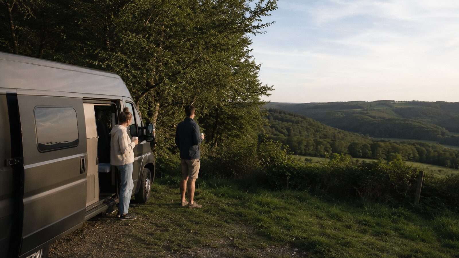 Koppel met koffie bij hun camper met uitzicht over de Ardennen