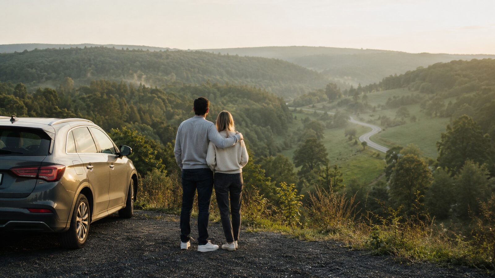 Auto op een open weg in het Belgische landschap